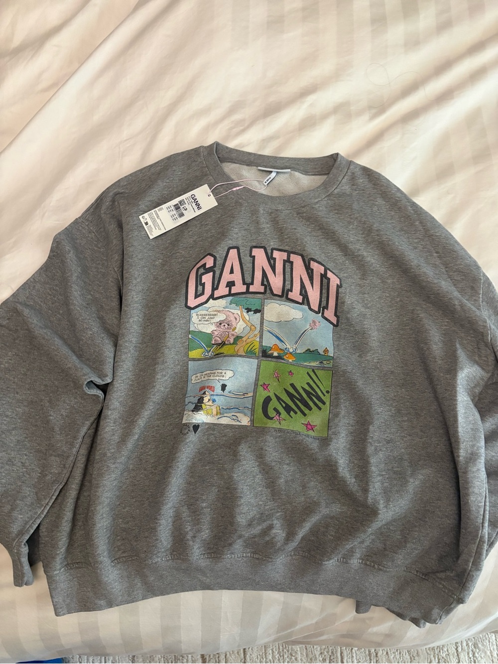 Ganni Gray Sweatshirt with Pink Logo and Multicolor Comic Panels